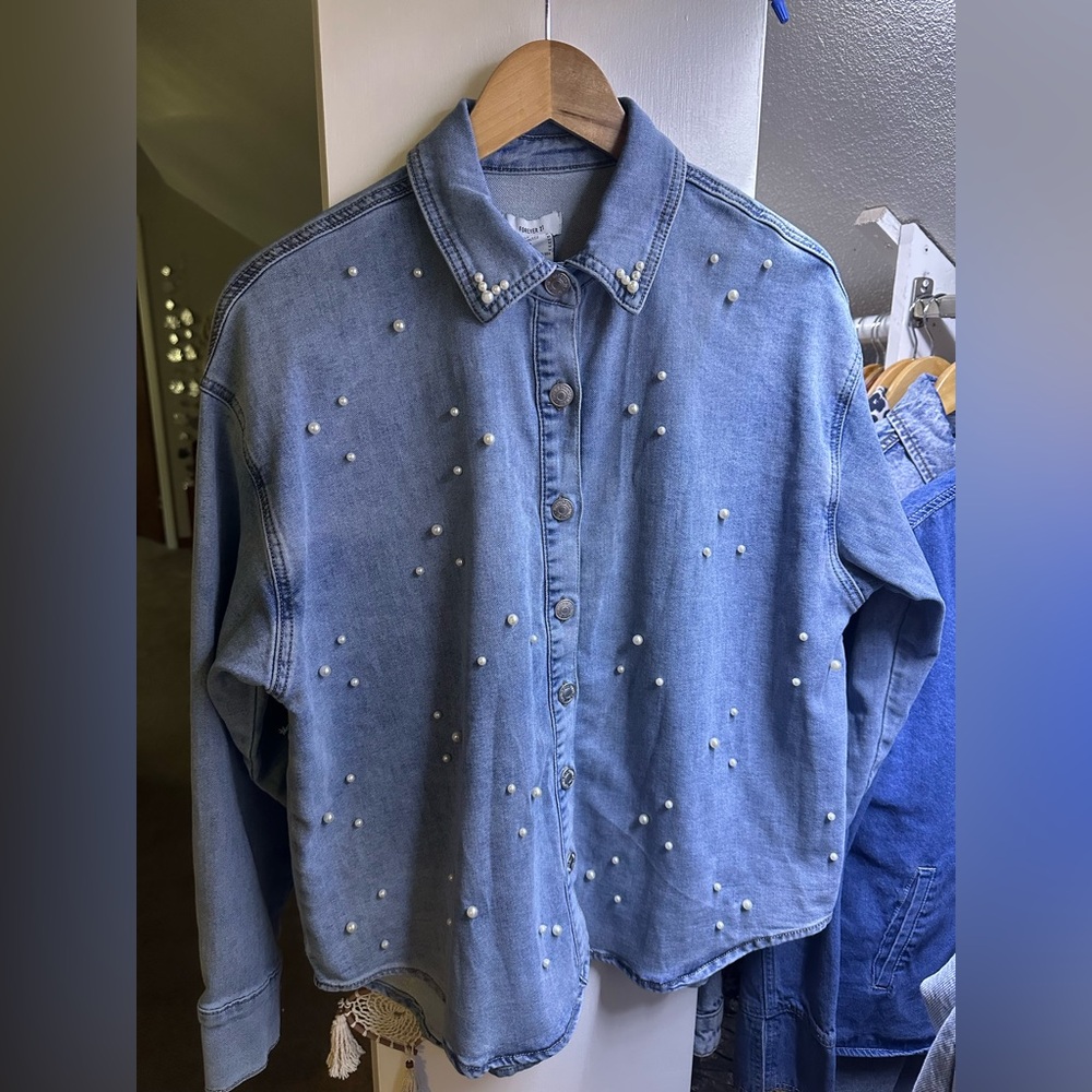 FOREVER 21 Pearl Embellishments Denim Shirt
